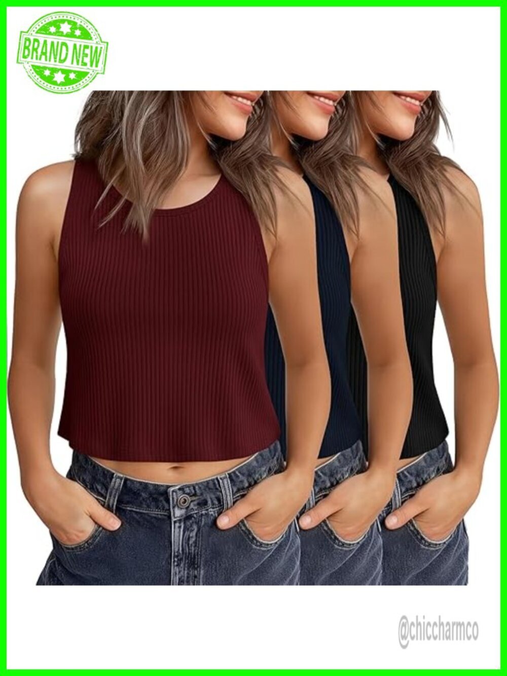 3 Pack Women's Crop Tank Tops Ribbed Crewneck Sleeveless Yoga Summer T-Shirts